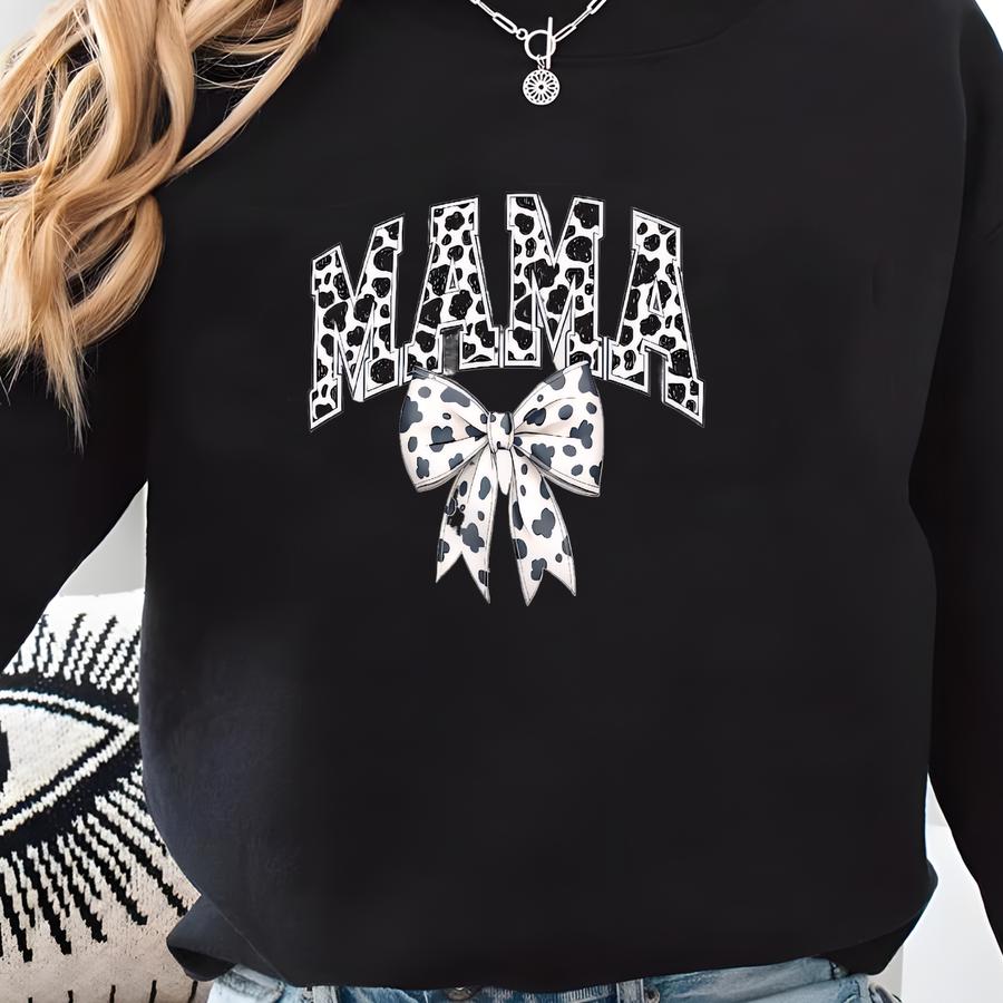 Cow Bow Mama Sweatshirt Mothers Day Coquette Cow Print Tee, Mom Long Sve Tee, Mom Life Hoodie, Farm Mama Sweater, Mommy Sweatshirt Sweatshirt