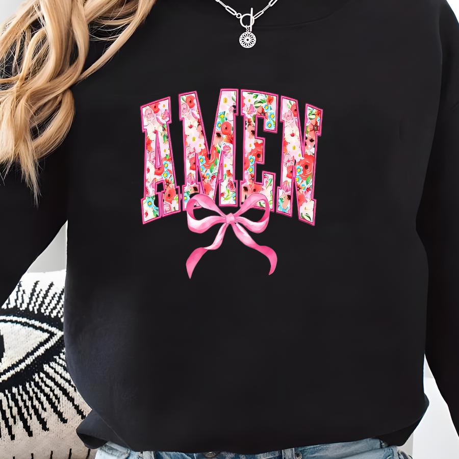 Christian Amen T-shirt: Coquette Pink Bow, Collegiate Font  Sweatshirt