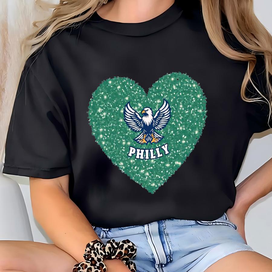 Philadelphia Football Sweatshirt, Faux Glitter Heart Football Sweatshirt, Crewneck For Philly Fan, Philly Football Fan Gift, Philly Nation T-shirt
