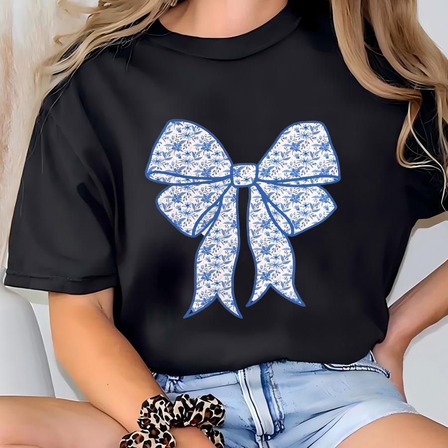 Blue Floral Bow Shirt Cute Coquette Bow Hoodie Valentines Shirt Cottagecore Floral Bow Hoodie T-shirt