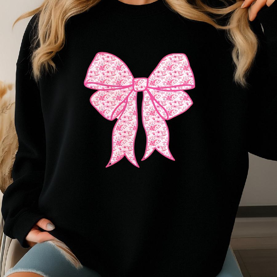 Pink Floral Bow Shirt Cute Coquette Bow T-shirt Valentines Shirt Pink Cottagecore Floral Bow T-shirt Sweatshirt