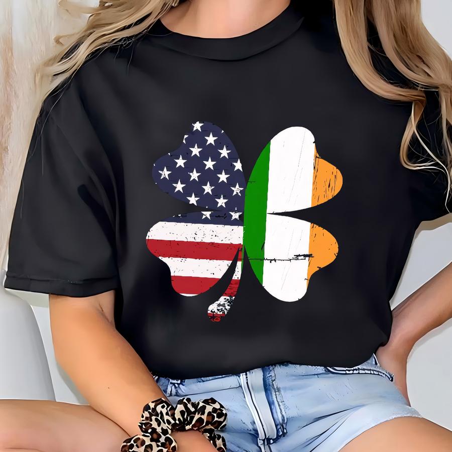 Irish American Flag Shamrock St. Patrick’s Sweatshirt, Patriotic Green Shamrock Hoodie, Paddy’s Day Apparel, Lucky Irish Pride Gift, E1433 T-shirt