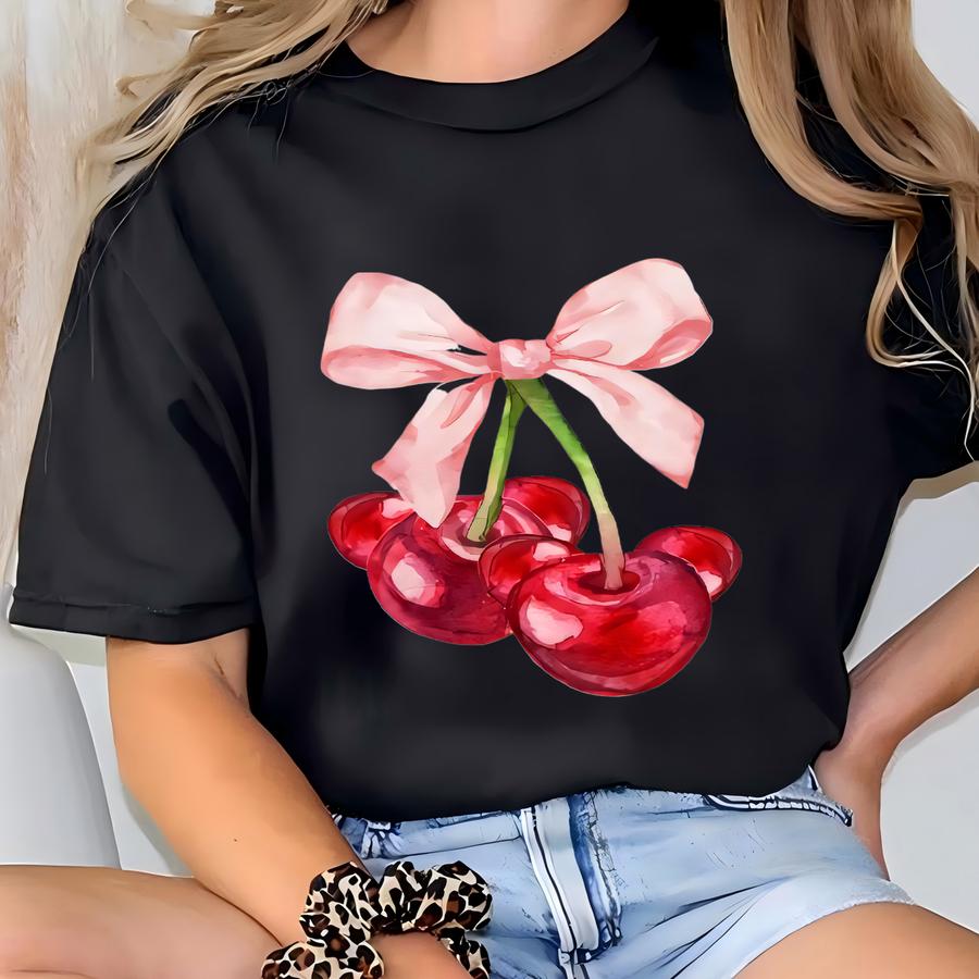 Coquette T Shirt, Cherry Bow Shirt, Girlie Y2k Apparel, Cute World Girls Tshirt, Mouse Lover Gift, Youth Girl Tee T-shirt