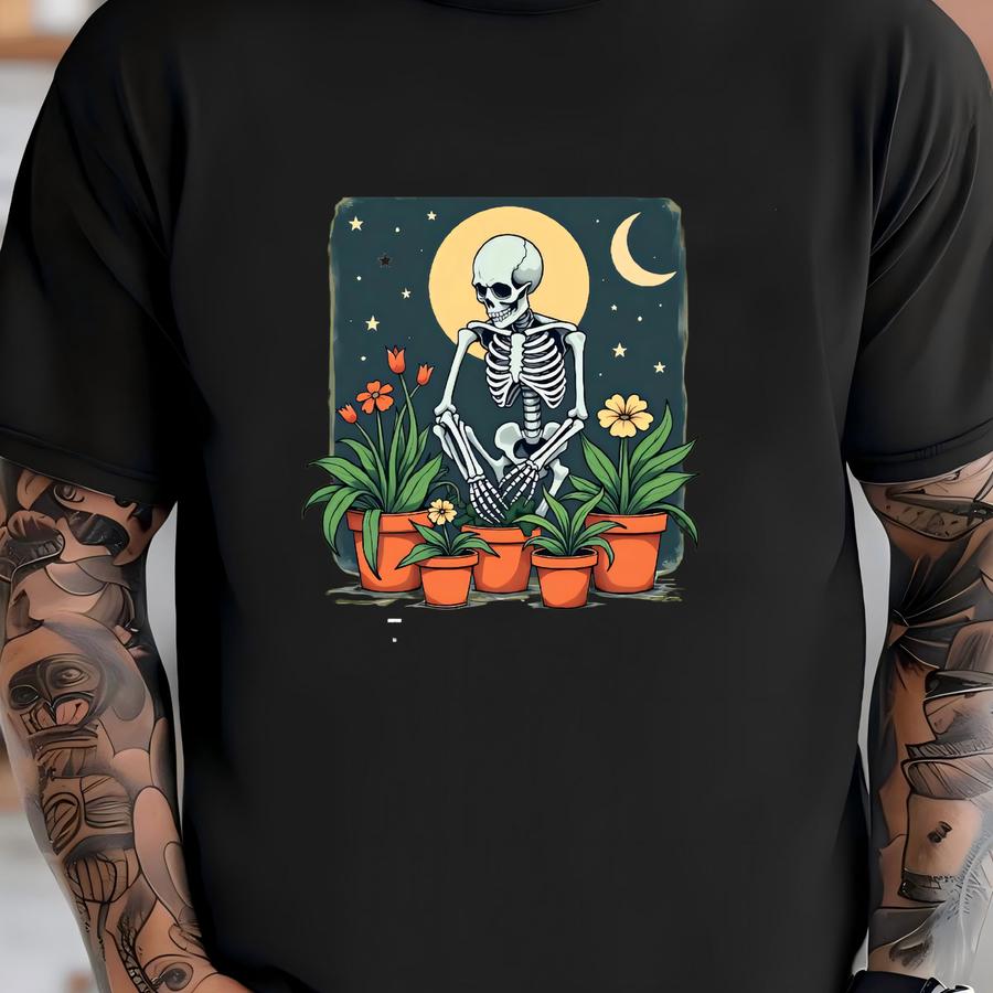 Plant Lover Gardener Hoodie, Tarot Card Skeleton, Halloween Moon Tee, Plant Enthusiast Shirt, Skeleton Tarot Shirt, Fall Gardening Gift T-shirt
