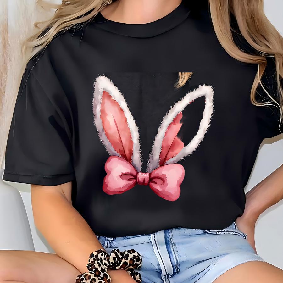 Bunny Ears With Bow Sweatshirt, Cute Easter Fluffly Bunny Ears Sweatshirt, Happy Easter Gift T-shirt