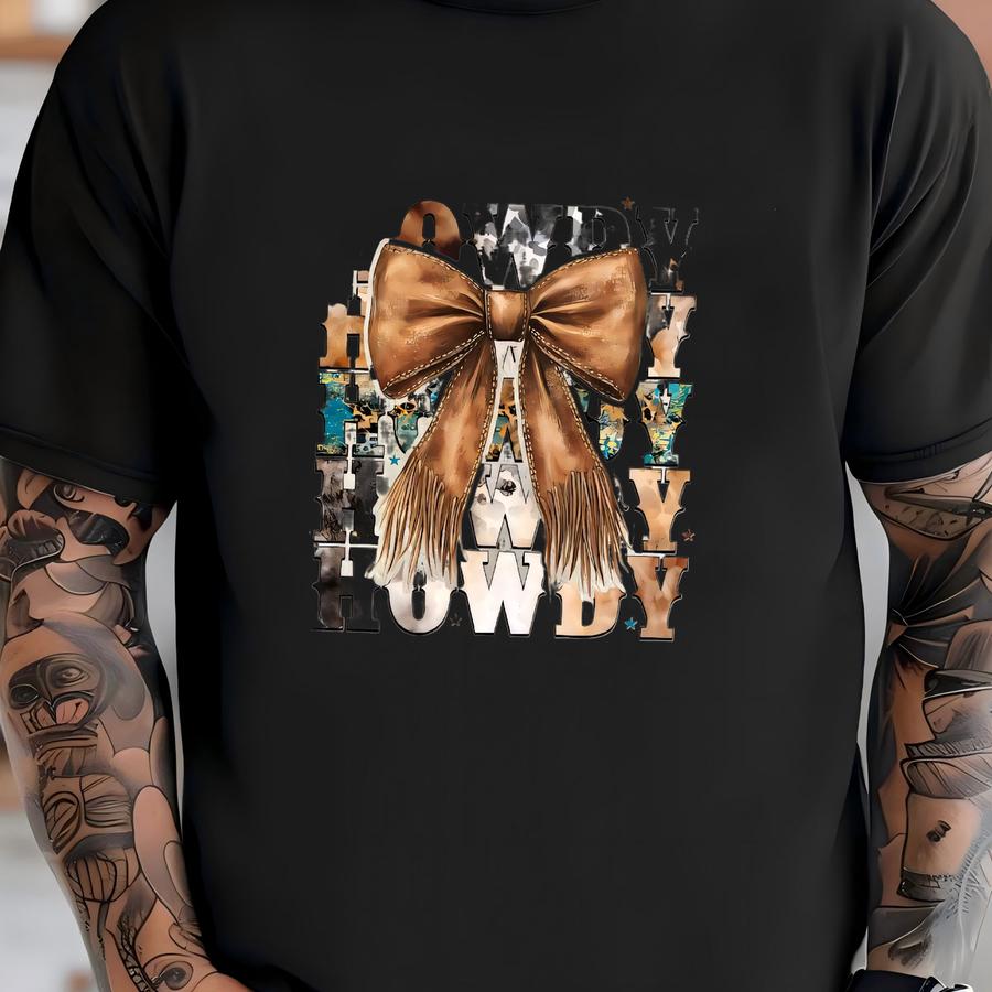 Howdy Brown Leather Bow Sweatshirt, Western Girl Coquette Sweatshirt, Western Mama Shirt, Howdy Western Shirt, Cowboy Bow Hoodie -tc036 T-shirt