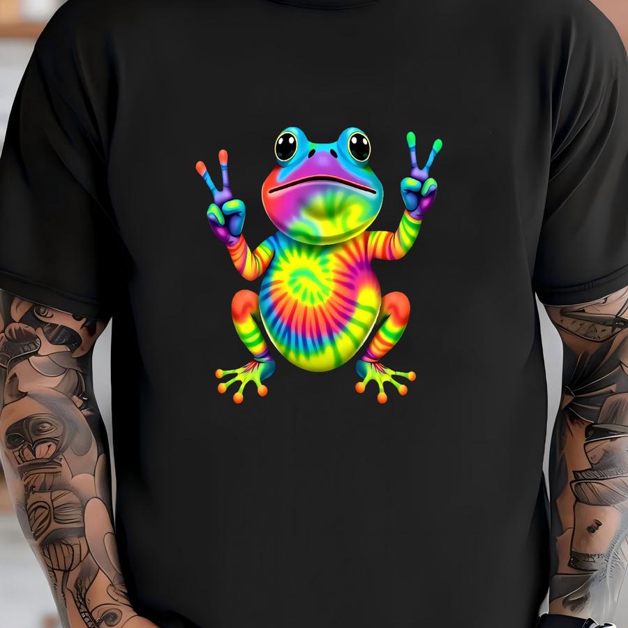 Tie-dye Frog Peace Sign Hippie Hoodie, Colorful Hippie Tee, Peace Frog Shirt, Boho Frog Shirt, Retro Tie-dye Hoodie, Fun Hippie Style T-shirt