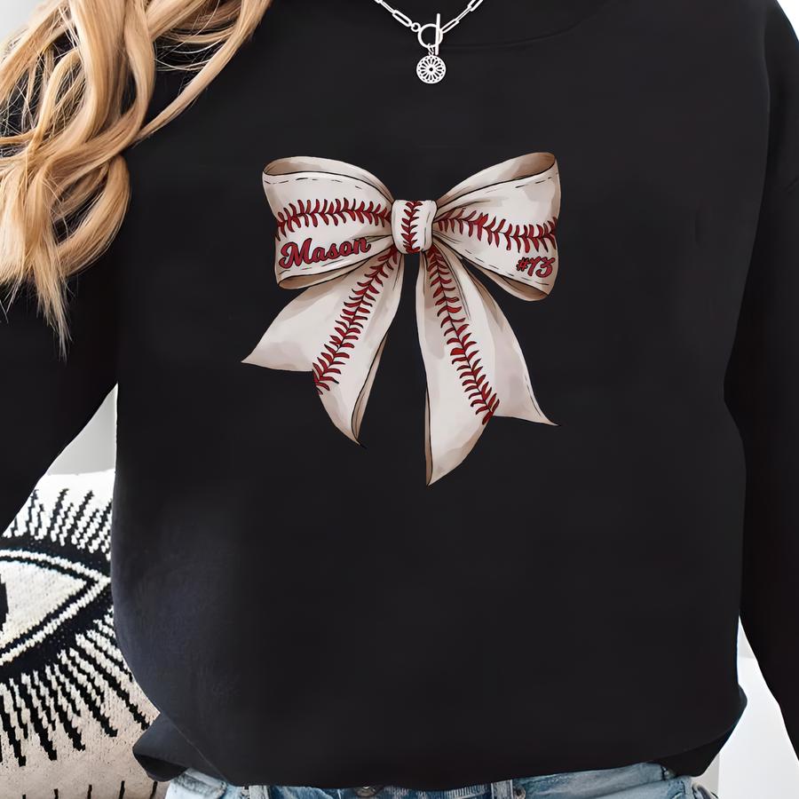 Coquette Baseball Shirt, Custom Baseball Mom Shirt With Name, Baseball Bow Tee, Game Day Shirt, Personalized Baseball Bow Tee, Baseball Gift Sweatshirt