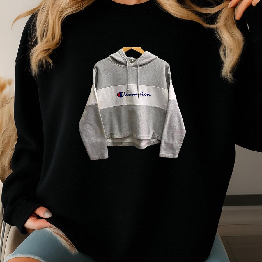 Vintage Y2k Champion Reverse Weave Croptop Hoodie Colour Block Champion Crewneck Champion Sweater Pullover Print Logo Champion Jumper Sweatshirt