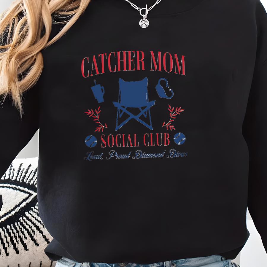 Baseball Catcher Mom Social Club T-shirt Customized With Player Name And Number On Sve, Hindcatcher Baseball Tee, Personalized Mama Gift Sweatshirt