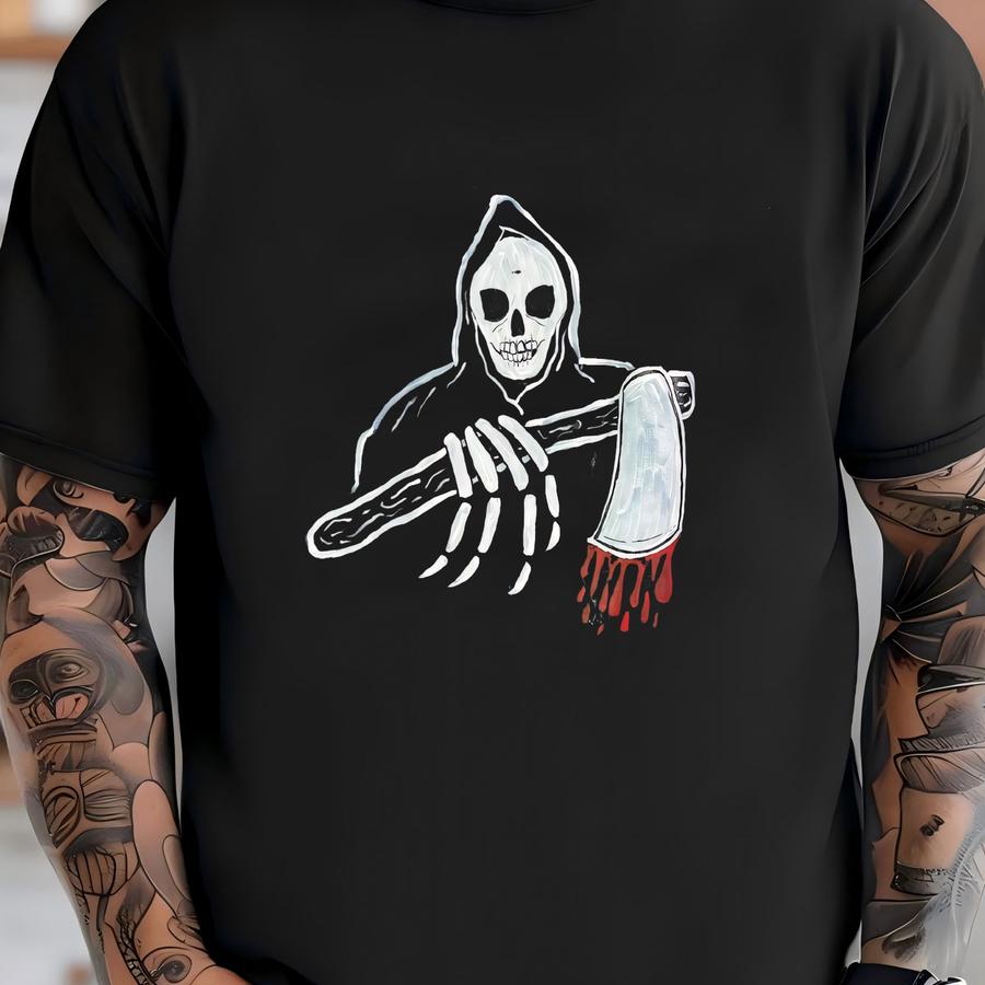 Hand-painted Vintage Leather Biker Jacket: Grim Reaper Punk (xl/2xl) T-shirt