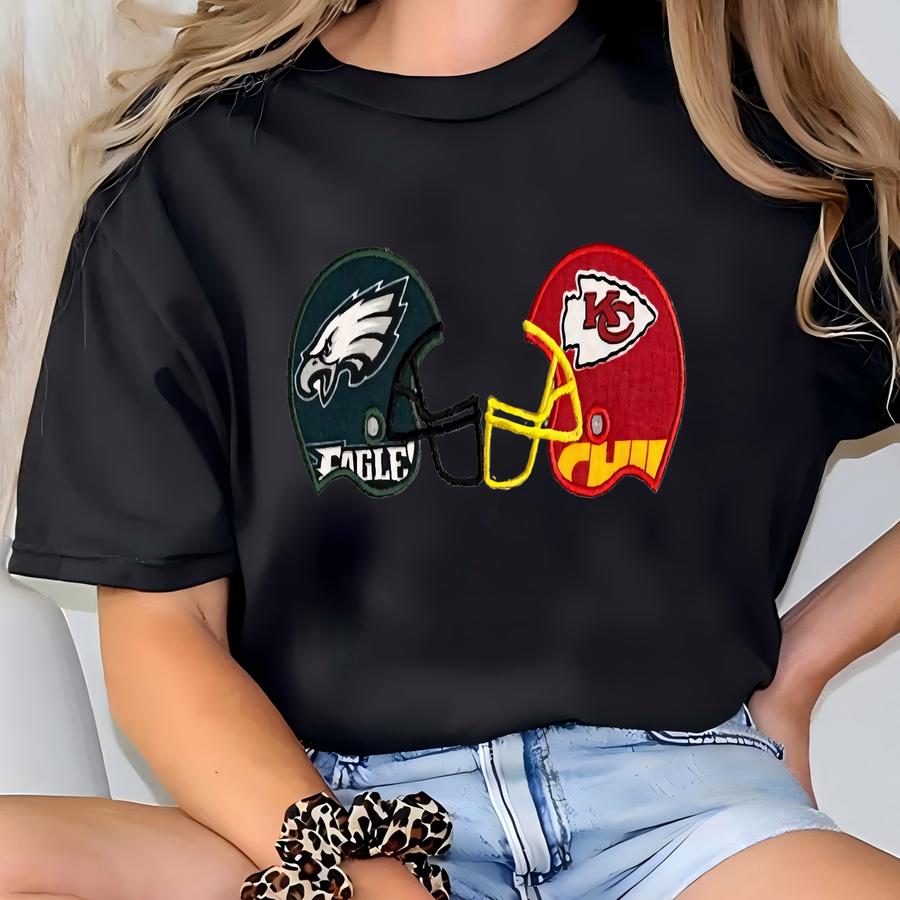 The Perfect Shirt To Wear To The Football Game! Make It A Memory! Helmets Of Each Team Facing Each Other Customized Wording T-shirt