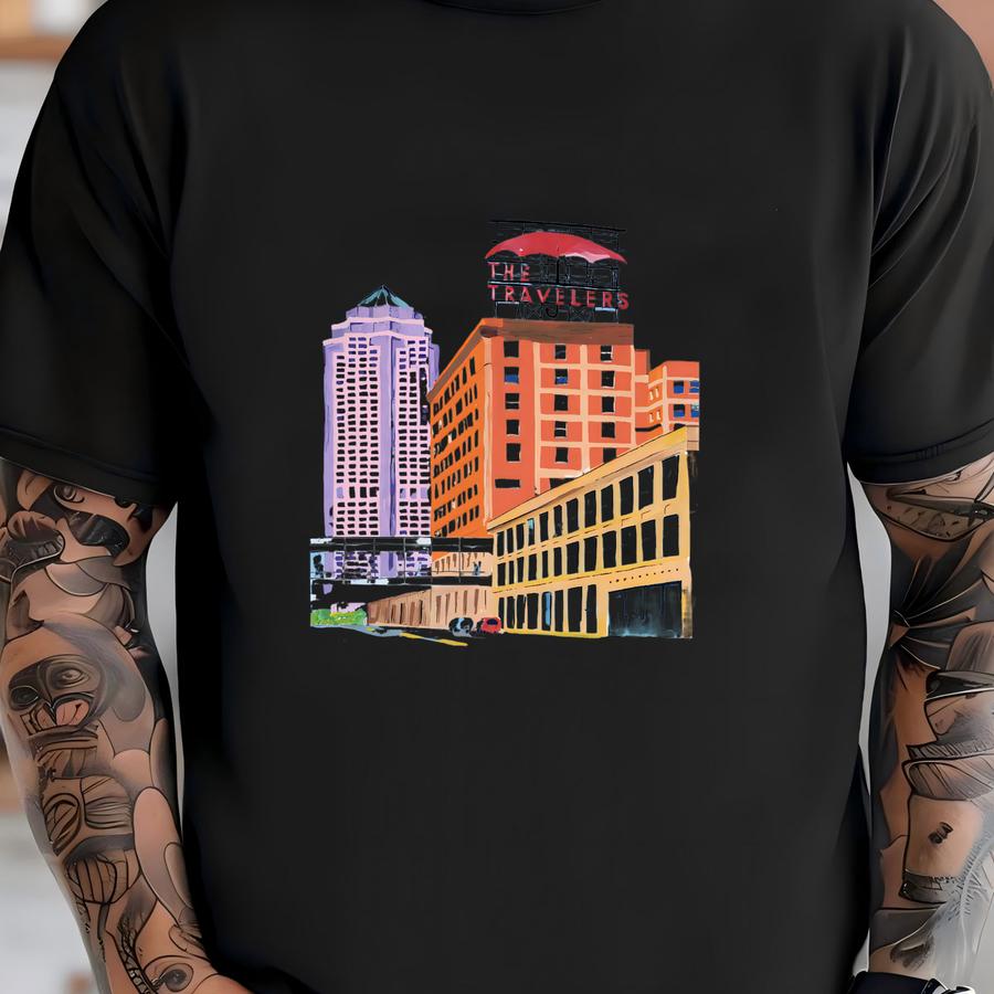 Des Moines Downtown, The Travelers Art Print – Posca Paint Pen Art Prints, Iowa Cityscape Illustration T-shirt