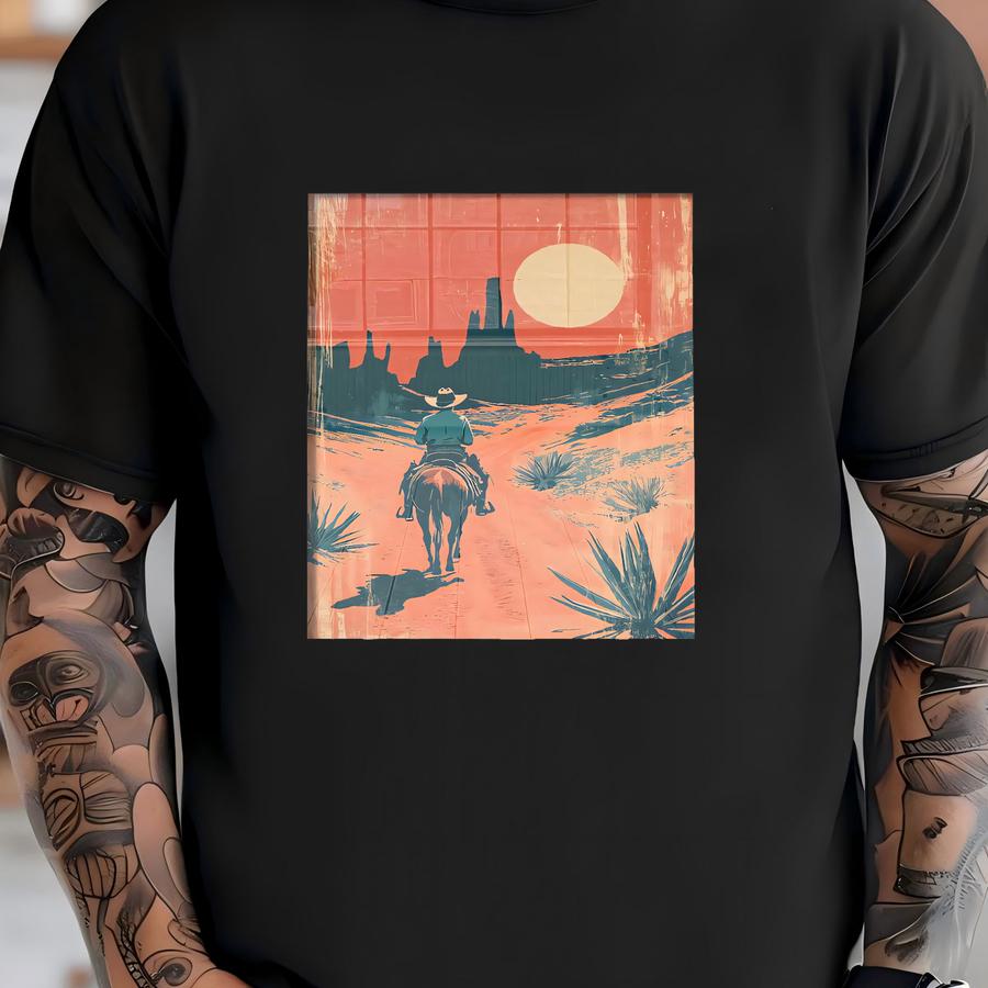 Cowboy Riding A Pack Mule In Southwestern Desert Landscape Sunset Wall Art Print, Vintage Rustic Retro Cowboy Aesthetic, Old West Wall Art T-shirt