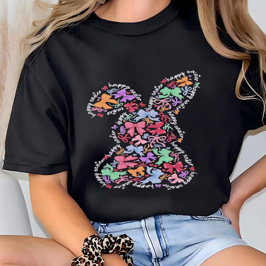 Happy Easter Day Sweatshirt, Coquette Bow Shirt, Coquette Bunny Shirt, Easter Day Two-sided Shirt, Pink Bow Easter Shirt, Easter Bunny Shirt T-shirt