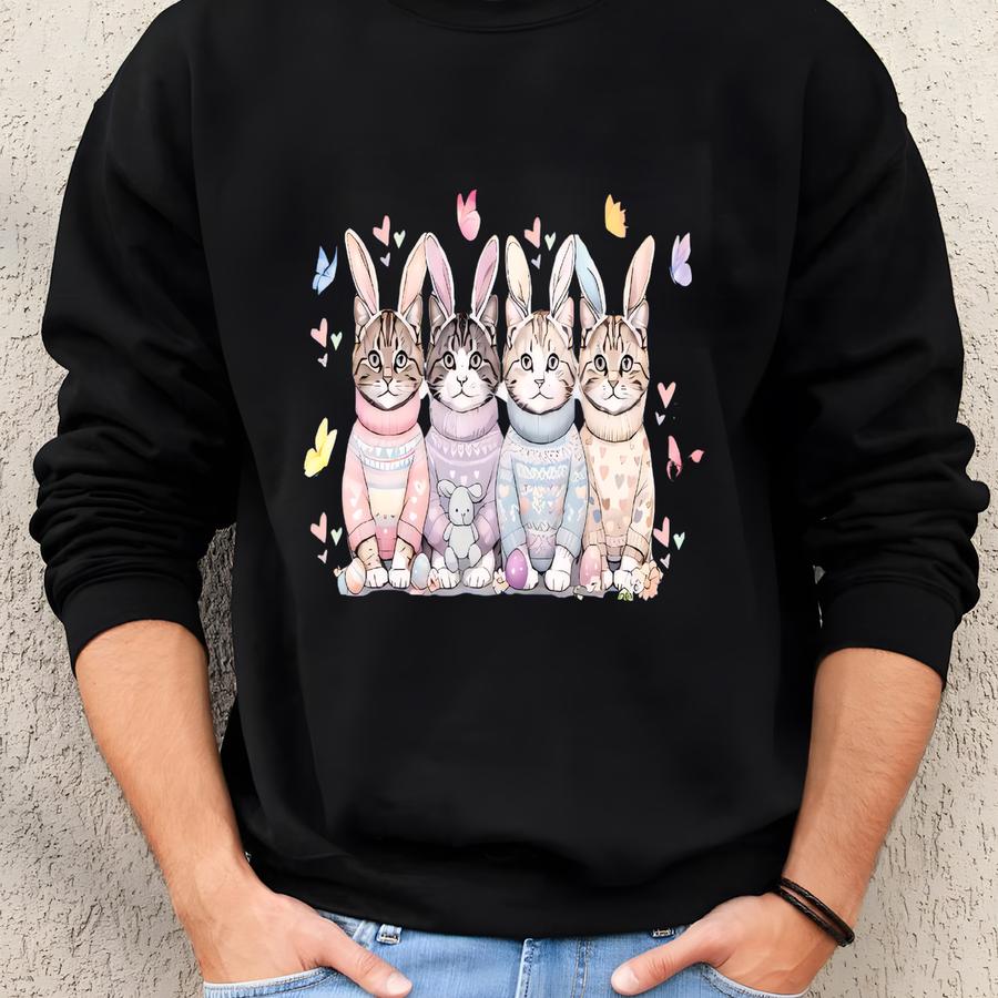 Cute Easter Cat Shirt, Bunny Cat Lover Shirt, Easter Cats Shirt, Watercolor Cat Shirt, Kids Easter Shirt, Easter Cat Shirt, Easter Bunny Tee Sweatshirt