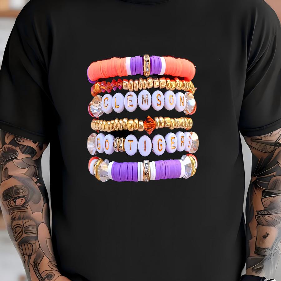 Entire Stack Clemson Inspired Heishi Stacking Bracelets Tigers Team Jewelry T-shirt