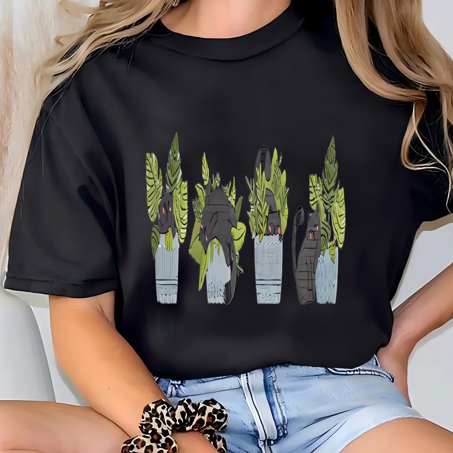 Cat Plant Sweatshirt, Cozy Crewneck For Cat Moms And Plant Lovers, Cute Cat Sweater, Black Cat Hoodie, Plant Lover Gift T-shirt