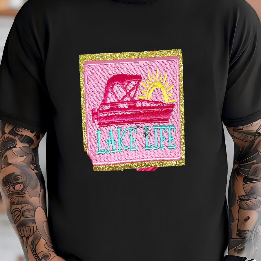 Lake Life Patch - Iron On - Medium - Pink Teal Gold - Patch Accessory - Boat Sun - Trucker Hat - Y - Sparkle T-shirt