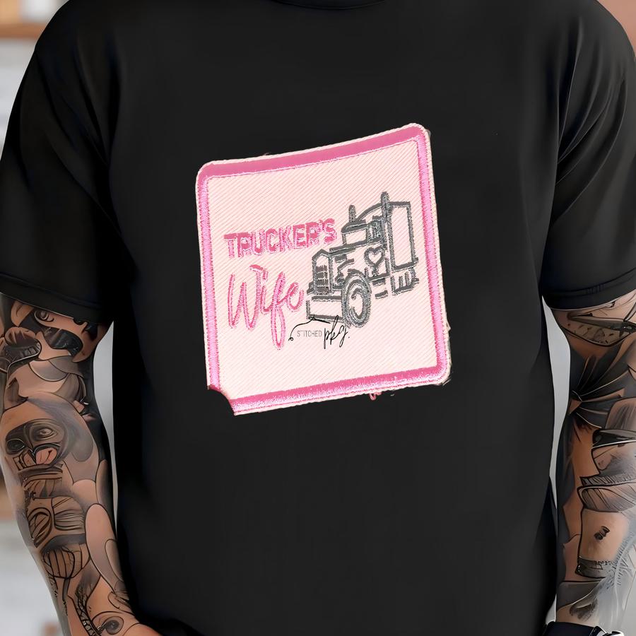 Trucker's Wife Patch - Iron On - Medium - Pink - Accessory - Trucker Hat - Y - Semi Truck Life - Silver T-shirt