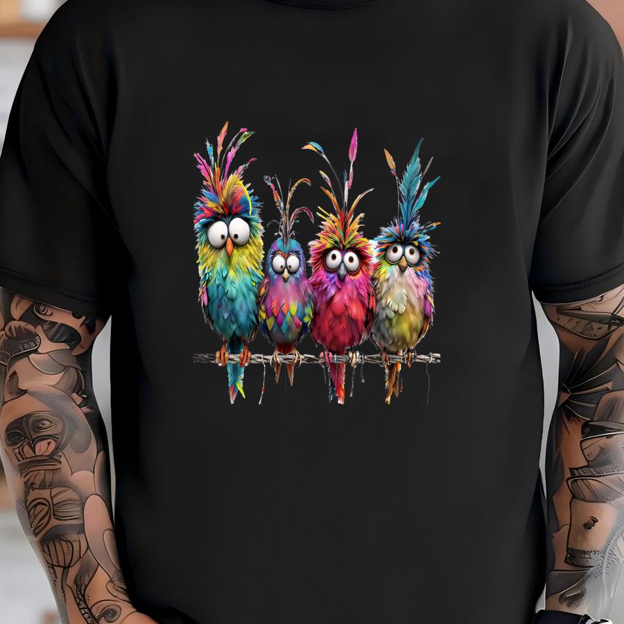 Quirky Birds Dtf Transfer: Colorful Cartoon Heat Press Design T-shirt