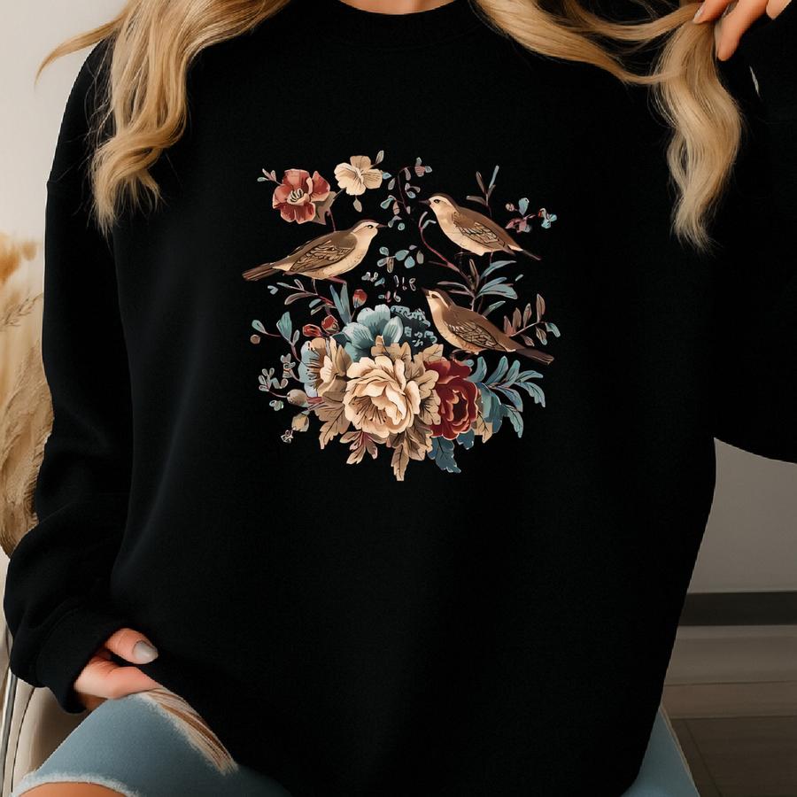 ® Boho Folk Art Bird Shirt, Bird And Flowers Shirt, Boho T-shirt, Flower Shirt, Cottagecore Shirt, Boho Spring T-shirt Sweatshirt