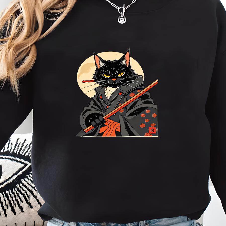 Samurai Cat Electric Guitar T-shirt: Japanese Art Graphic Tee Sweatshirt