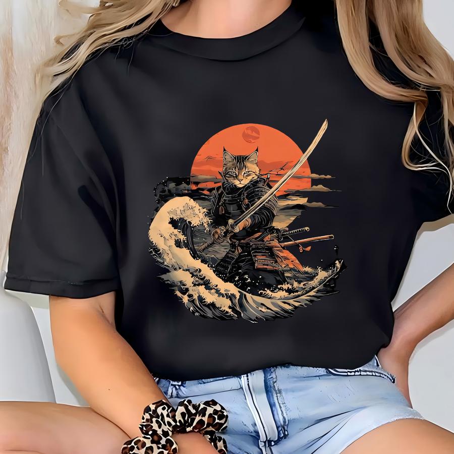 Samurai Cat Hoodie, Warrior Cat Sweatshirt, Rising Sun Style Tee, Unique Japanese-inspired Hoodies, Retro Cat Shirt T-shirt