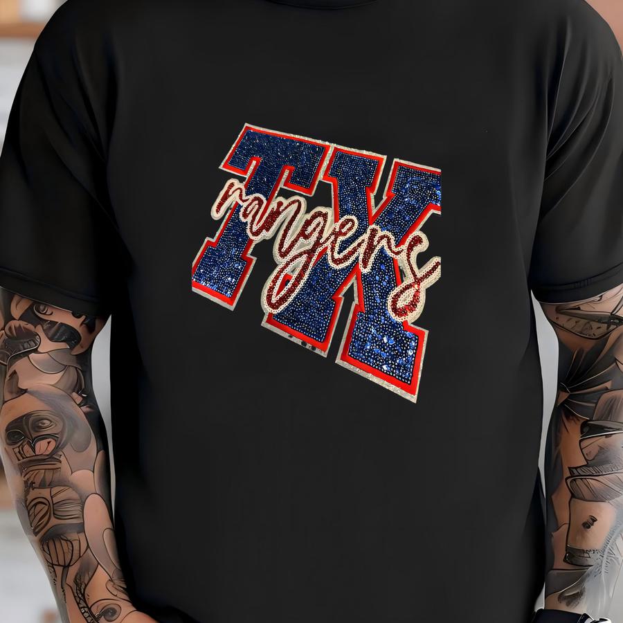 Tx Rangers Comfort Color Sweatshirt Sequin Patch T-shirt