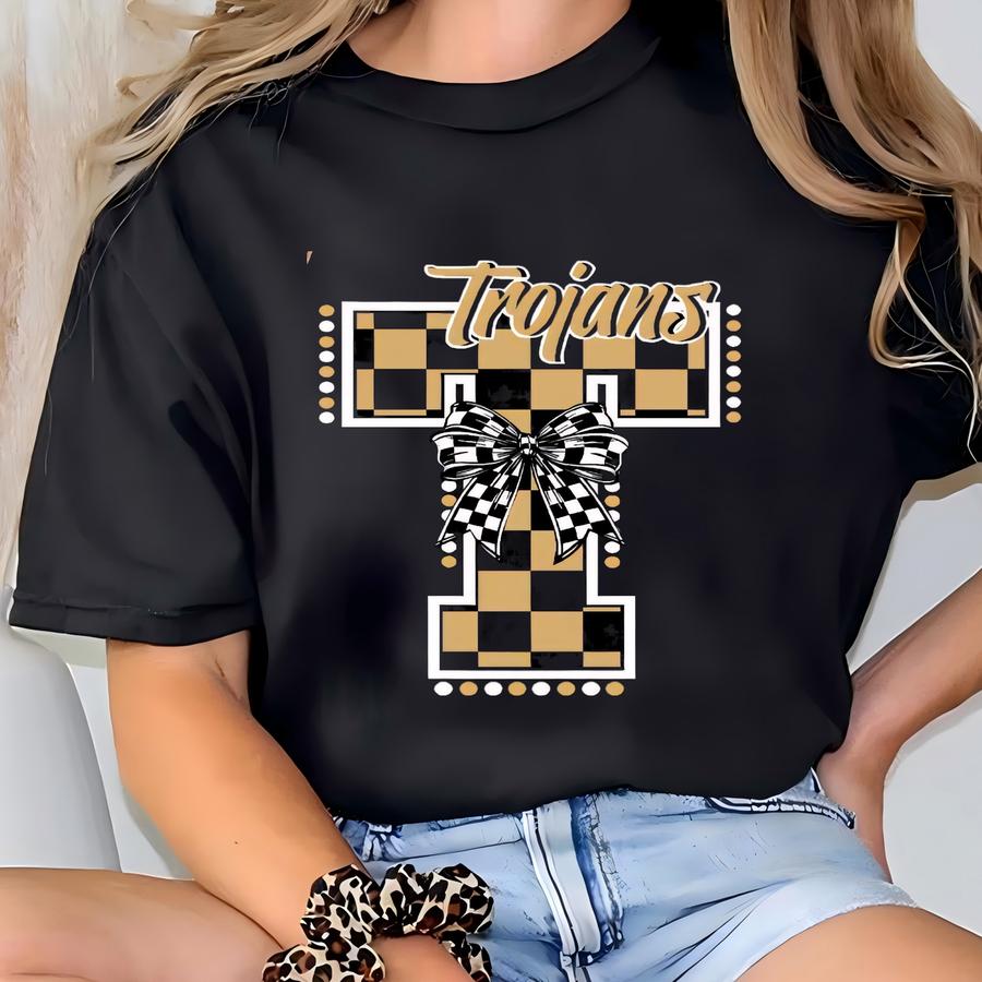Trojans Shirt Checkered Bow Shirt Custom School Mascot Shirt Trojan Pride Shirt School Spirit Shirt Love Trojans Tees Game Day Shirt Teacher T-shirt