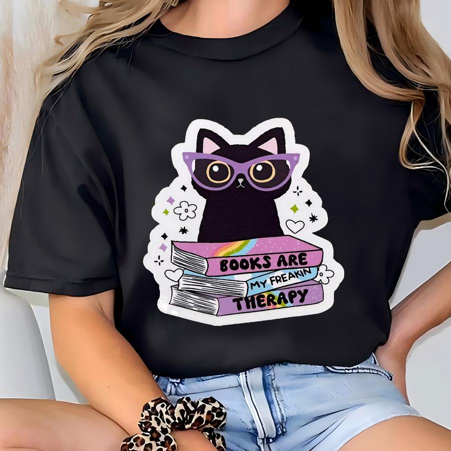 Bookish Black Cat Sticker: Books Are My Therapy, Kindle Laptop Decal T-shirt