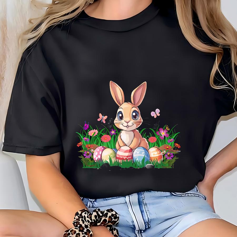 Easter Bunny Hoodie Unisex Happy Easter Tee Cute Spring Outfit Bunny With Eggs Gift For Adults T-shirt