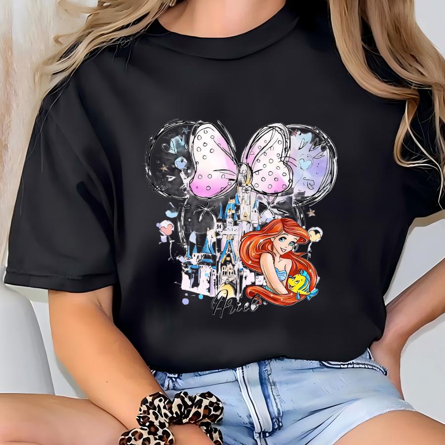 Ariel Little Mermaid Sweatshirt For Women Kids Princess Castle Ears Tee | Water Color Princess Ariel Shirt T-shirt