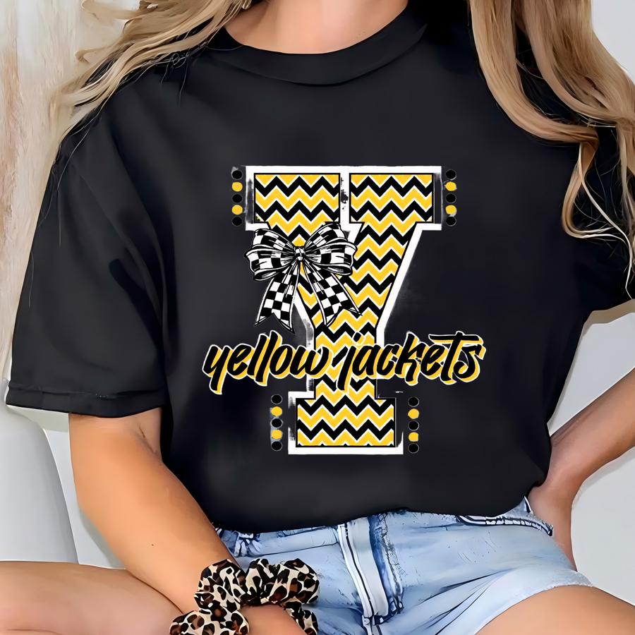 Yellow Jackets Shirt Checkered Mascot Shirt School Spirit Shirt Mascot Shirt Coquette Bow Shirt Sports Tee Game Day Hoodie Jackets Hoodie T-shirt