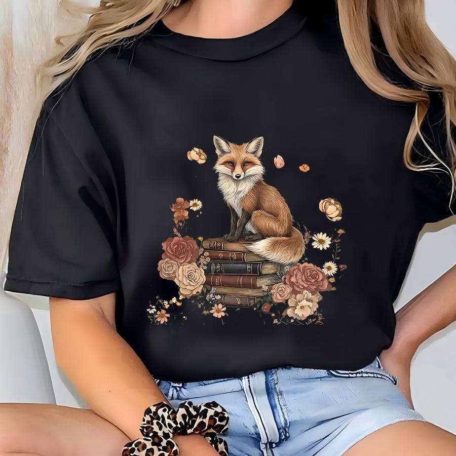 Fox And Book Sweatshirt, Cute Flower Fox Sweatshirt, Vintage Floral Cottagecore Shirt, Fairycore Tee, Forestcore Tshirt, Botanical Fox Shirt T-shirt