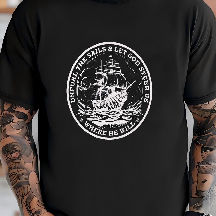 Saint Bede Youth Hoodie: Catholic Ship Graphic, Faith-inspired Tee T-shirt