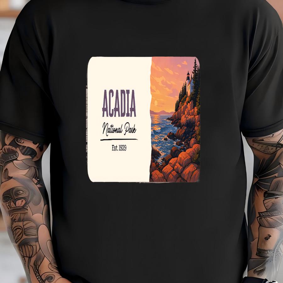 Acadia National Park Sticker, Modern Flat Poster Style Design National Park Vinyl Decal For Water Bottles, Laptops Maine Gift T-shirt