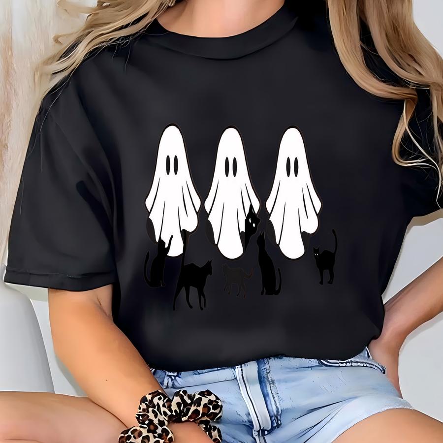 Spooky Cat And Ghost Shirt, Cute Halloweentee For Women,fall Ghost Cat Shirt,cozy Autumn Outfit,halloween Gift,spooky Season T-shirt