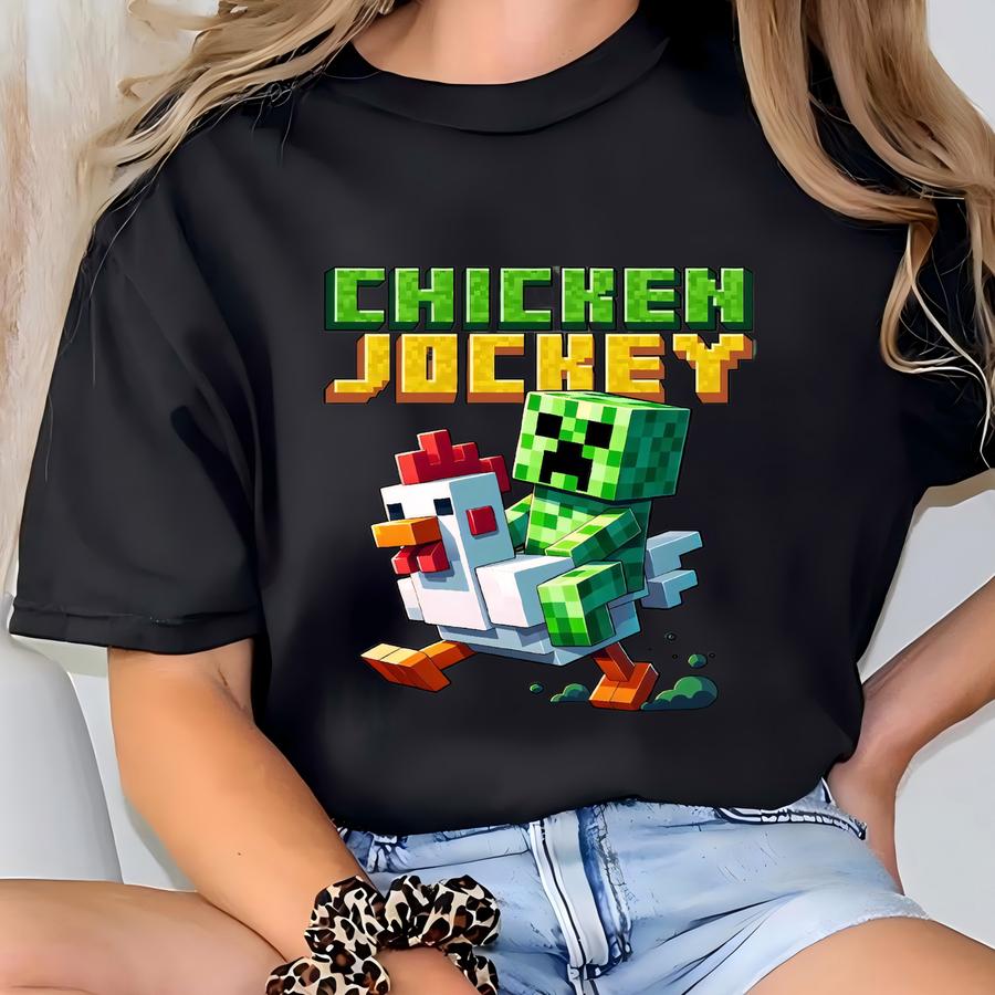 Chicken Jockey Shirt, Hilarious Cotton Gamer Gift, Cartoon Graphic Shirt V3, Quirky Tee For Chicken Lovers Shirt, Minecraft Movie Shirt T-shirt