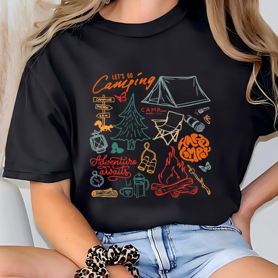 Comfort Color Let’s Go Camping Shirt, Adventure Awaits Camping Tee, Campfire Summer Hoodie, Outdoors Tent Hike Shirt, Cute Camp Graphic Tee T-shirt