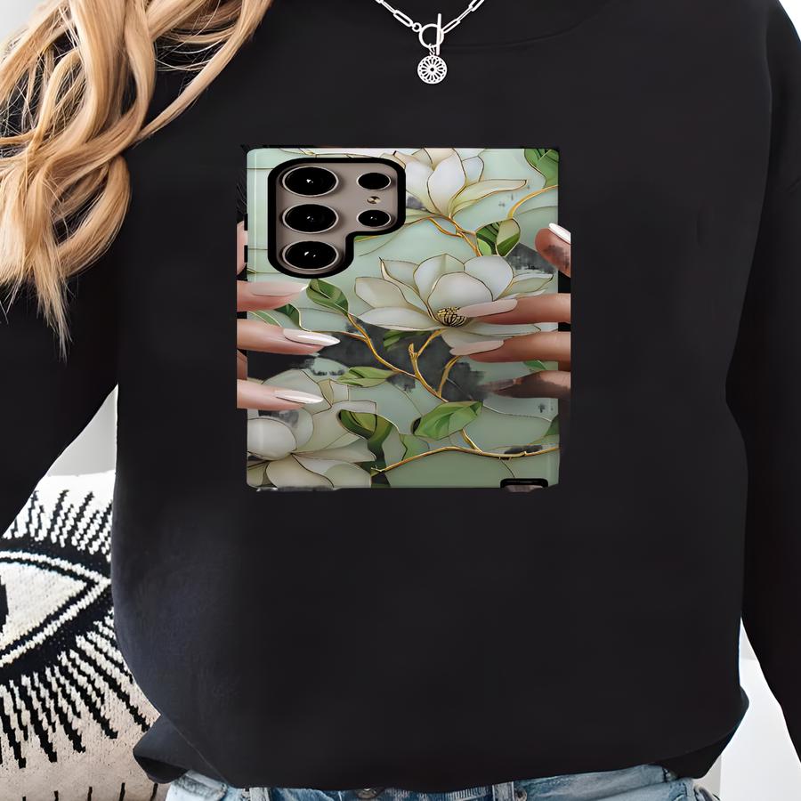 Magnolia Pearl Stained Glass Phone Case, Faux Stained Glass Gold Floral Coquette Covers Galaxy S25 S24 S23 S22 S21 S20 Ultra Pro Fe Sweatshirt