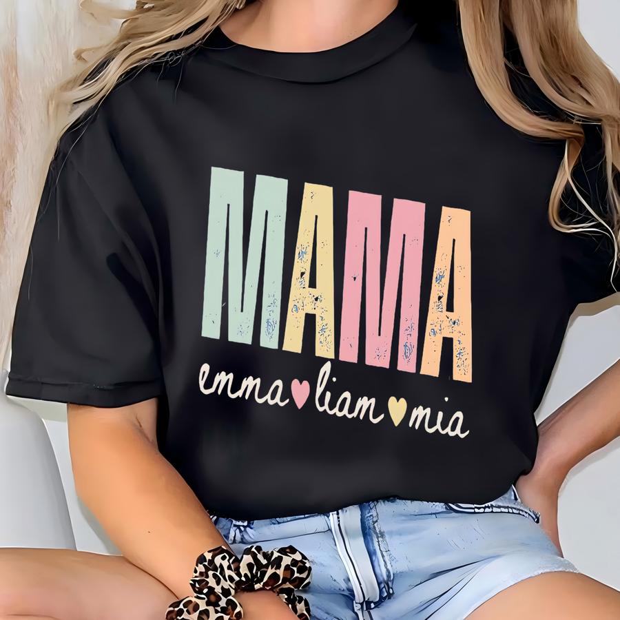 Custom Mama Shirt ®, Personalized Mom Shirt With Kids Names, Cute Birthday Gift For Mom, Retro Mama Tee, Mother's Day Gift T-shirt