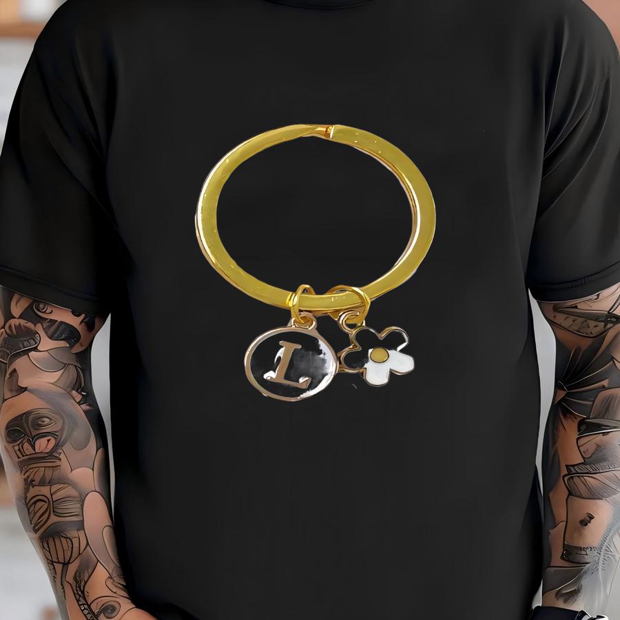 Flower Keychain Gold Initial Letter Charm Gold Key Chain Aesthetic Accessories Initial Key Ring Personalized Keychain Bridesmaid Gift T-shirt