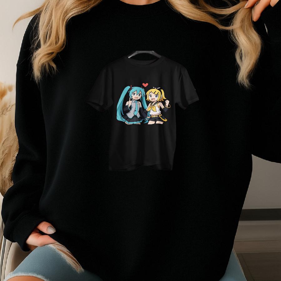 Hatsune Miku Rin Kagamine Chibi T-shirt – Cute Vocaloid Anime Tee – Kawaii Jpop Idol Girl Shirt – Matching Duo Design Gift Sweatshirt