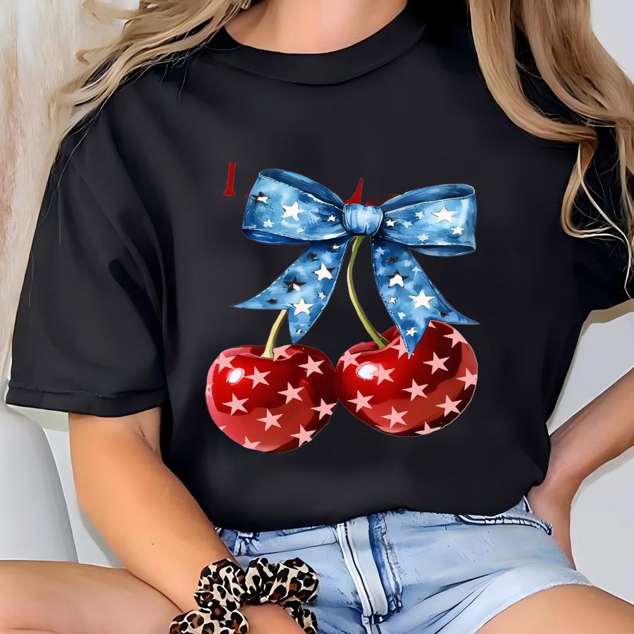 Cherry 4th Of July Tshirt, Patriotic Cherry Tee, Usa Star Shirt, Memorial Day Shirt, Independence Coquette Bow Day Tee T-shirt