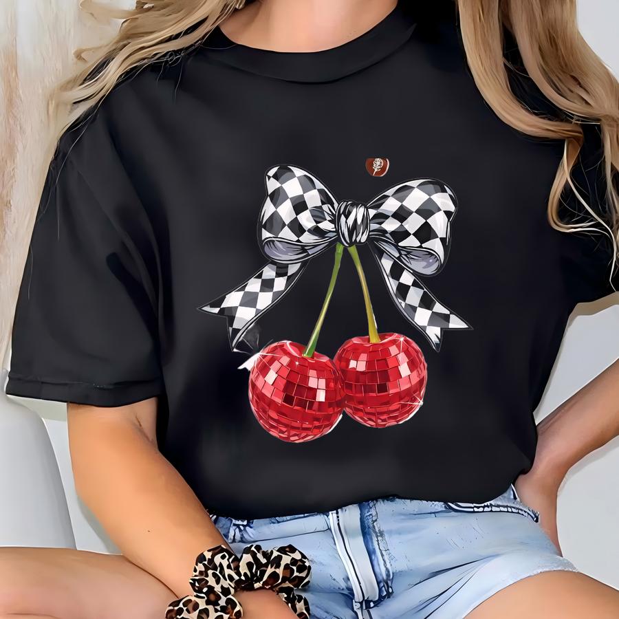 Disco Cherry Shirt, Coquette Bow Tee, Checkered Retro Shirt, Retro Vintage 80s Style Cherry Tee, Summer Tee, Party Top T-shirt