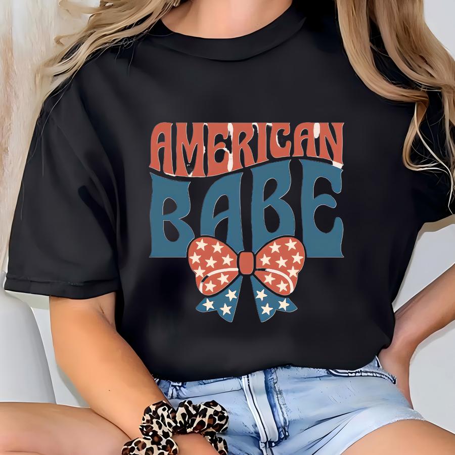 American Babe 4th Of July Baby ®, Girls Retro Fourth Of July Bodysuit, Patriotic Bow, Coquette Independence Day, Red White Blue T-shirt