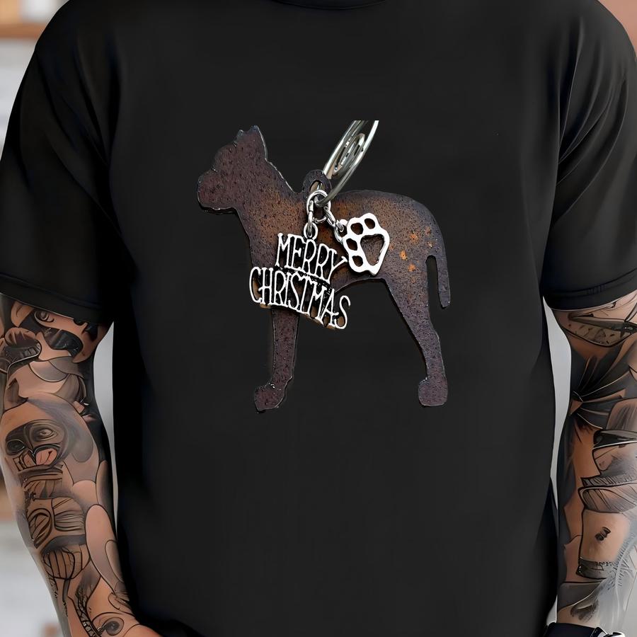 Pit Bull Christmas Ornament With Merry Christmas And Paw Charms, Rustic Metal Holiday Decor T-shirt