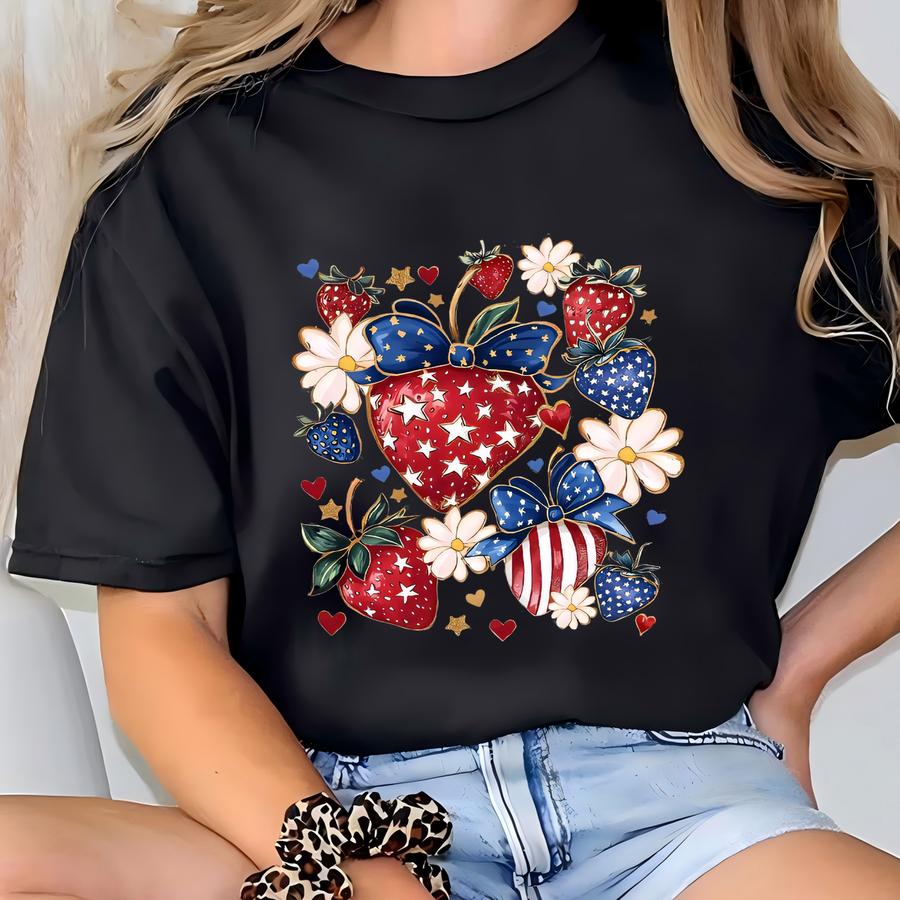 4th Of July Shirt, Strawberry 4th Of July Hoodie, Usa Independence Day Outfit, Patriotic Shirt, Fourth Of July Outfit, Independence Day Tee T-shirt