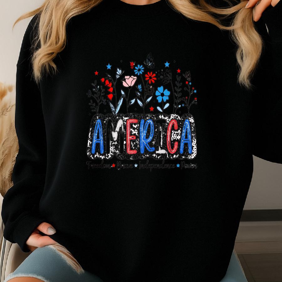 Flower America Shirt, 4th Of July Shirt, Floral American T Shirt, Independence Day Tee, Big Usa Tshirt, Floral Usa Shirt,gift For Her Sweatshirt
